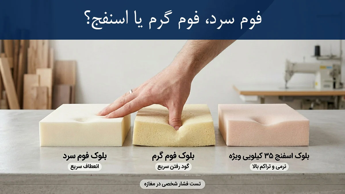 تست شخصی تشخیص کیفیت نشیمن مبل و تفاوت فوم سرد، فوم گرم و اسفنج ۳۵ کیلویی