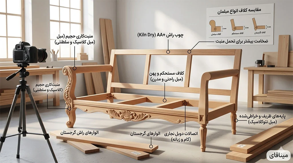 تصویر اینفوگرافیک تخصصی از اسکلتبندی و کلاف چوبی مبلمان لوکس (چوب راش AA+)، مقایسهی ضخامت کلاف در سبکهای کلاسیک، نئوکلاسیک و راحتی با اتصالات دوبل نجاری.